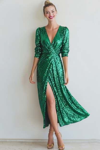 Sparkly Champagne Sequins V-Neck Long Evening Dress with Slit