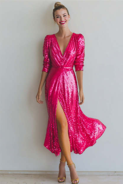 Sparkly Champagne Plus Size Sequins V-Neck Long Evening Dress with Slit