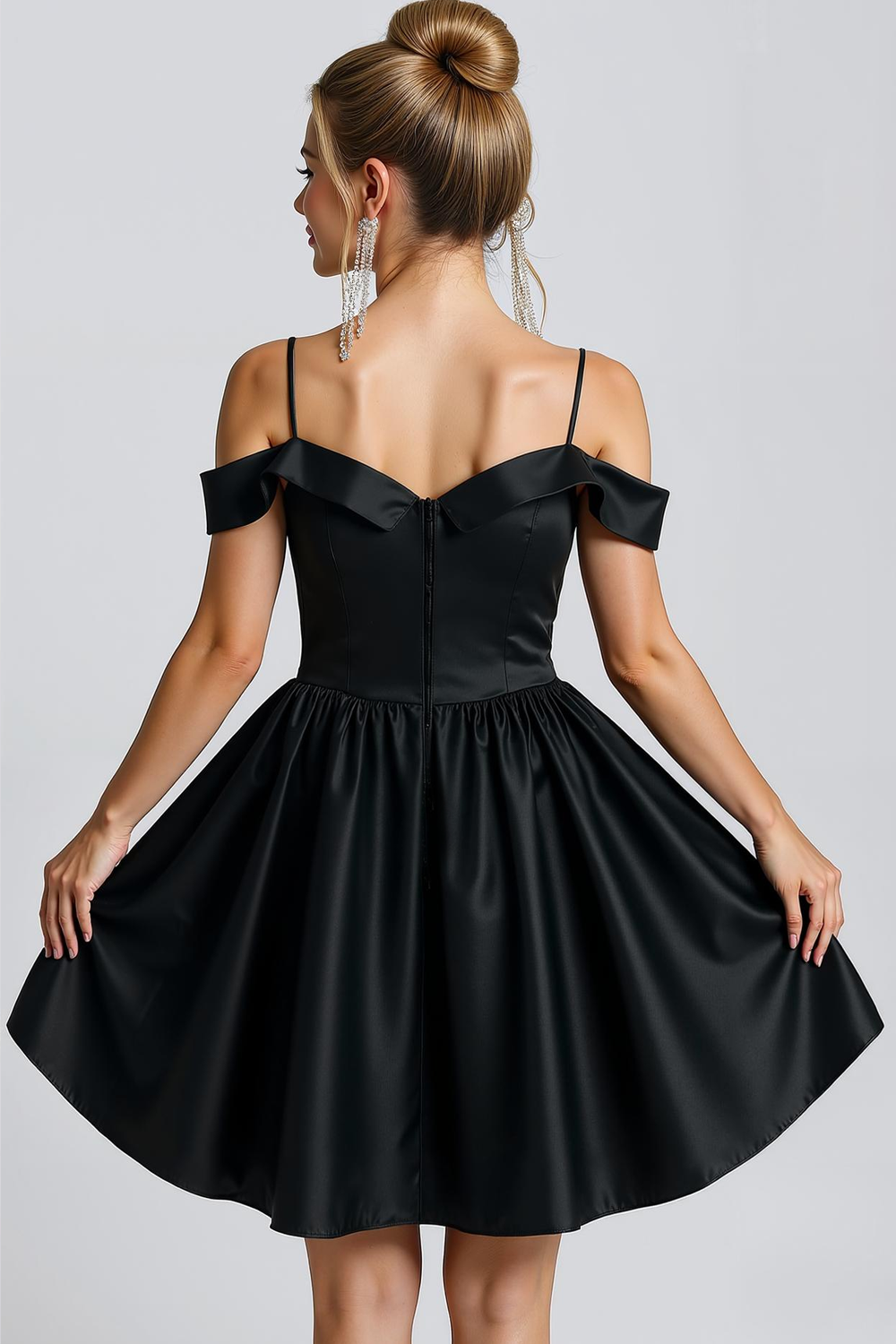 Black Satin A Line Cold Shoulder Short Cocktail Dress