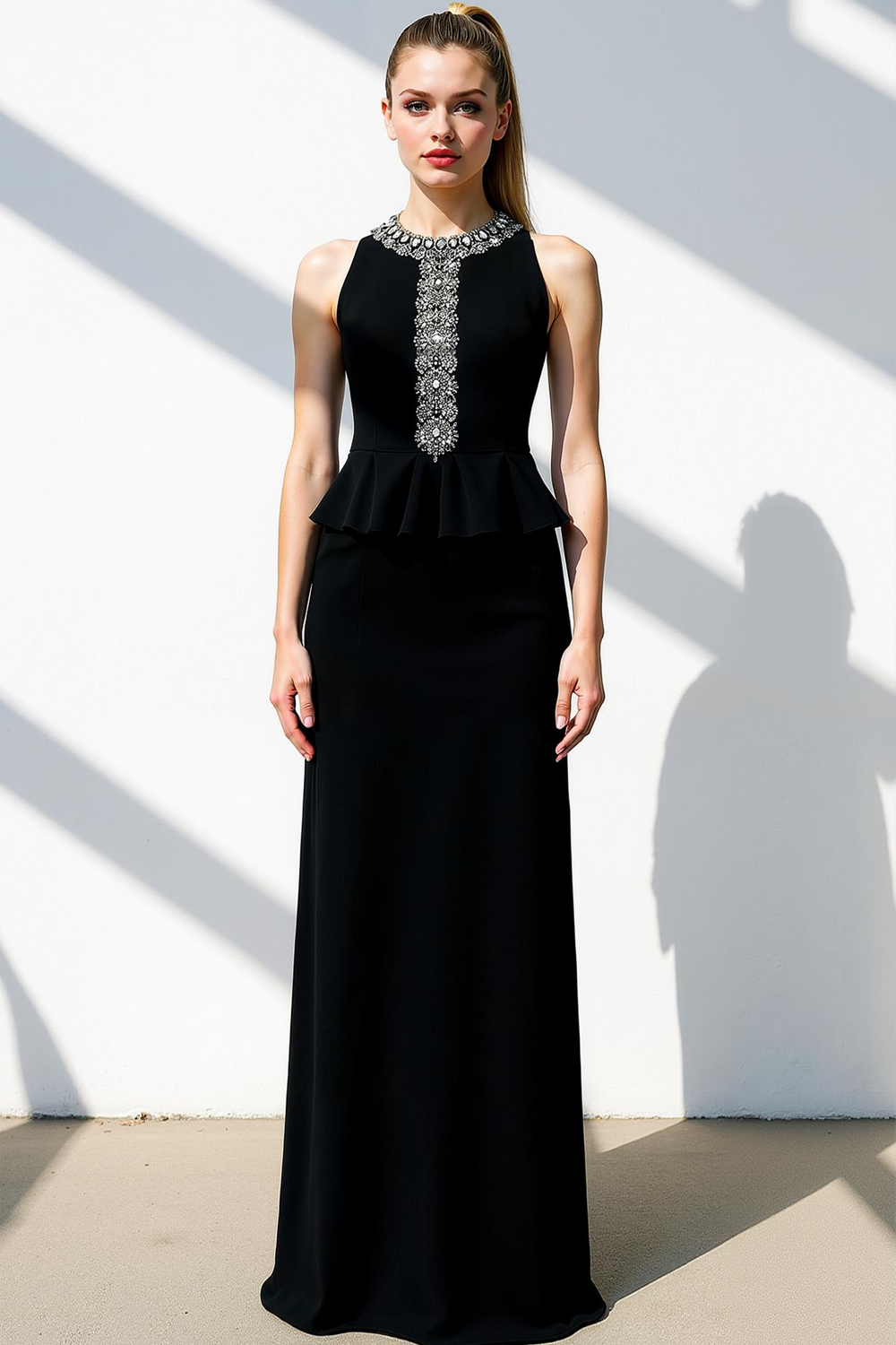 Black Chiffon Sheath Round Neck Long Formal Dress with Beading