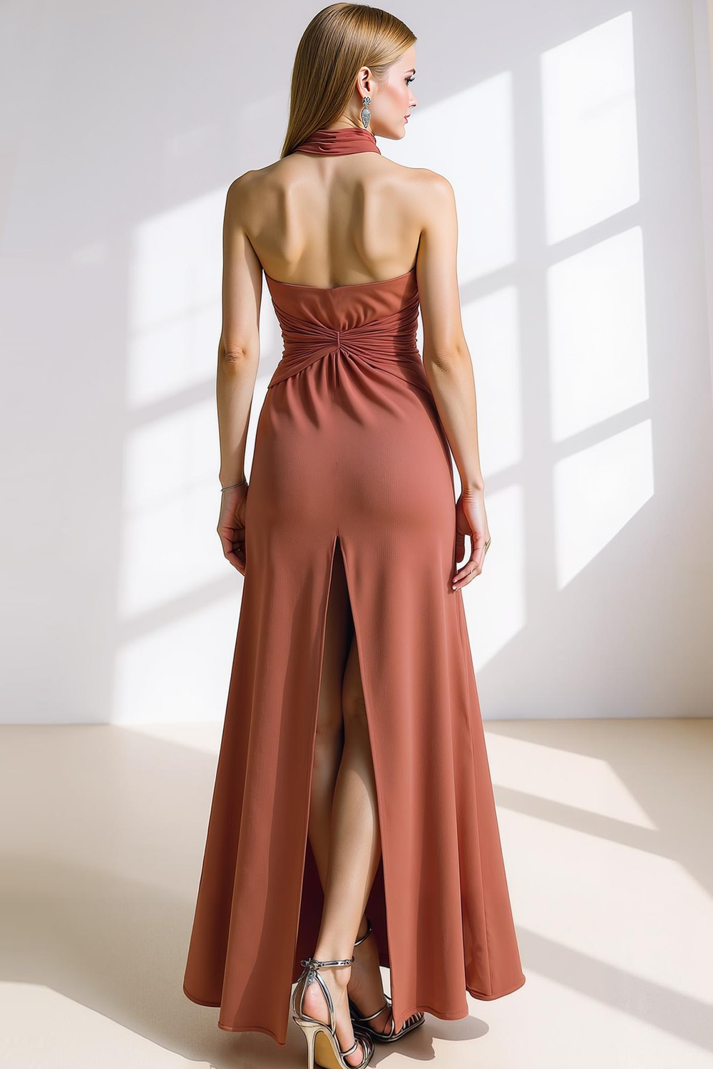 Royal Blue Halter Ruched Maxi Formal Dress with Slit