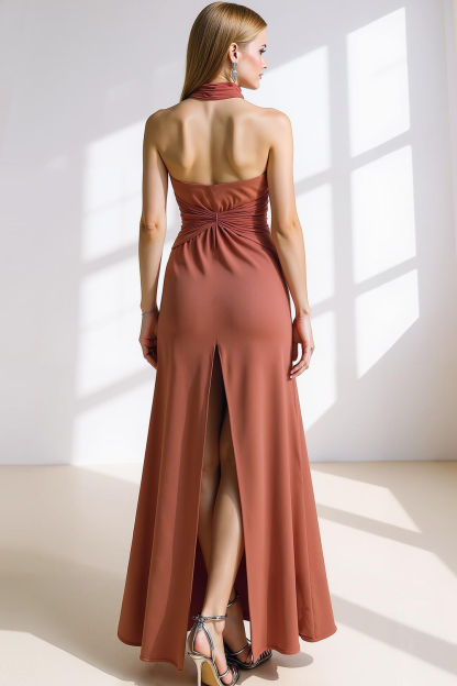 Royal Blue Halter Ruched Maxi Formal Dress with Slit