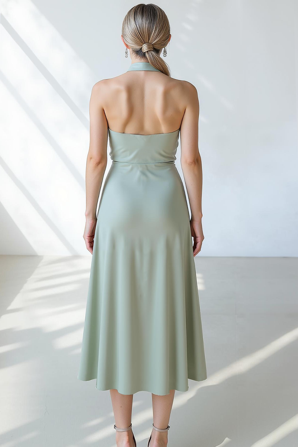 Sage Green Halter A Line Long Wedding Guest Dress