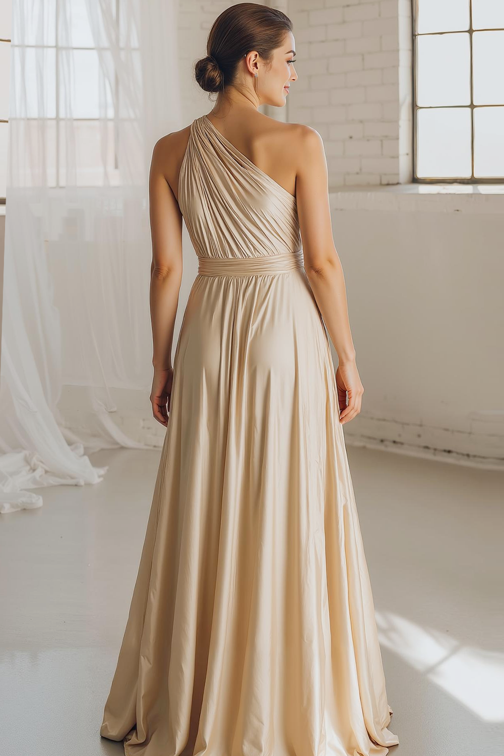 Champagne A Line One Shoulder Long Bridesmaid Dress