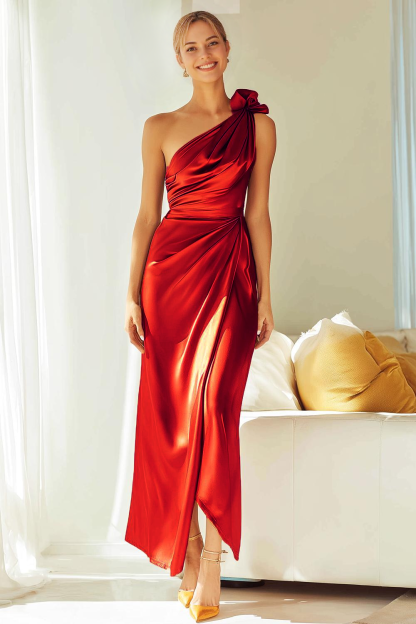 Leely Women Orange Satin Sheath Maxi Bridesmaid Dress Ruched One Shoulder Stunning Wedding Guest Dress