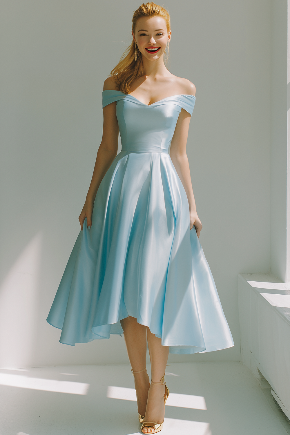 Sky Blue Satin A Line Off the Shoulder Midi Bridesmaid Dress