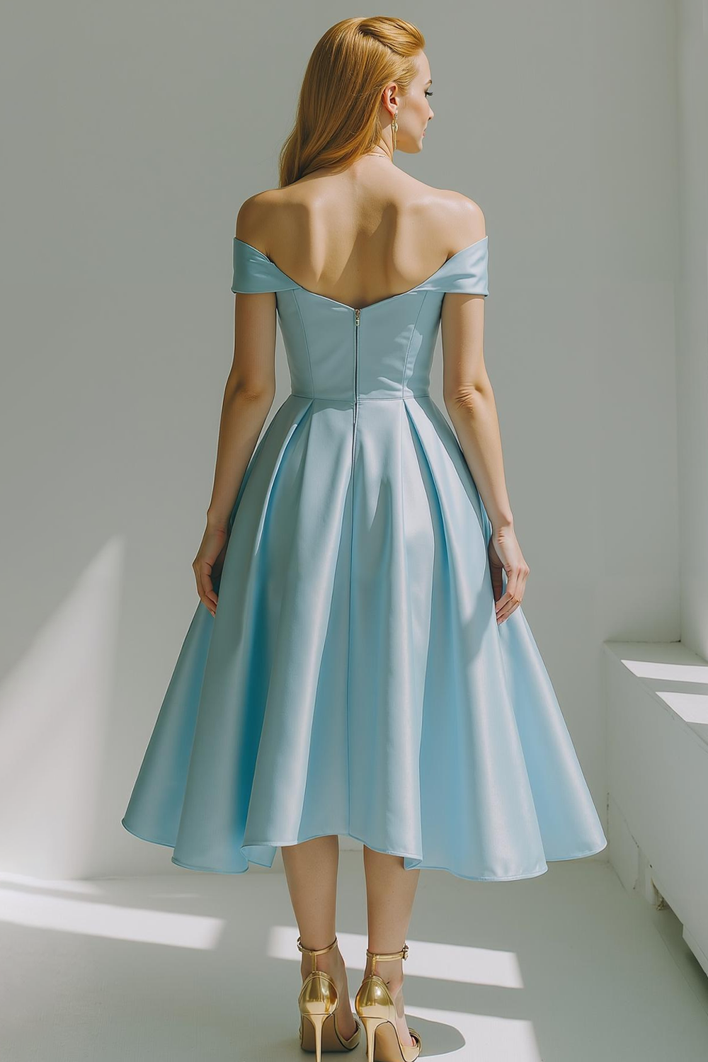 Sky Blue Satin A Line Off the Shoulder Midi Bridesmaid Dress