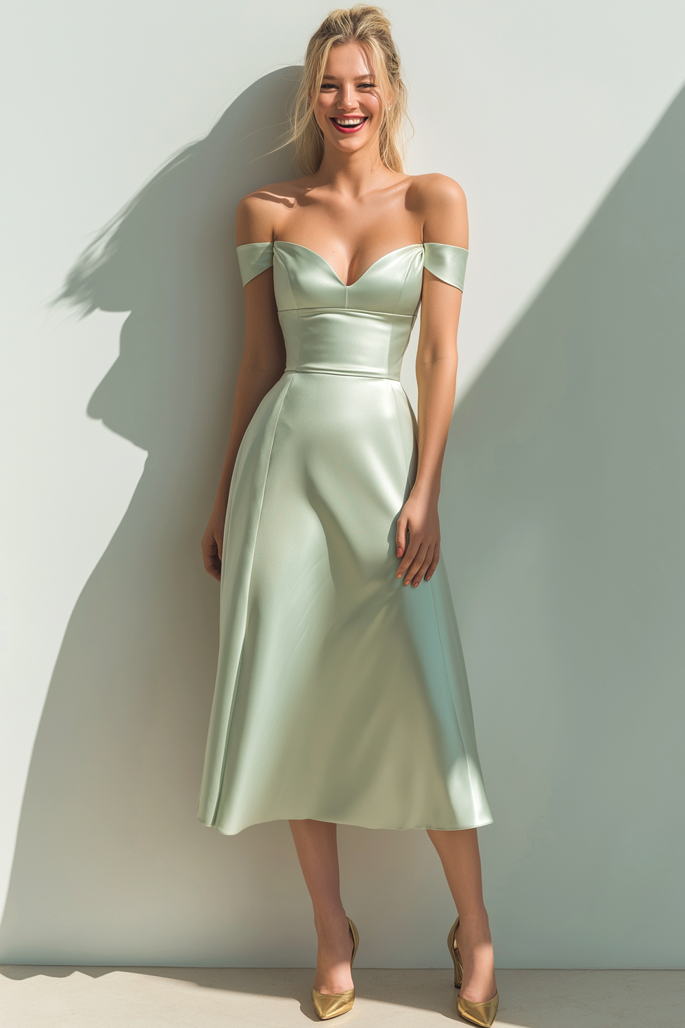 Sage Green A Line Satin Off the Shoulder Midi Bridesmaid Dress