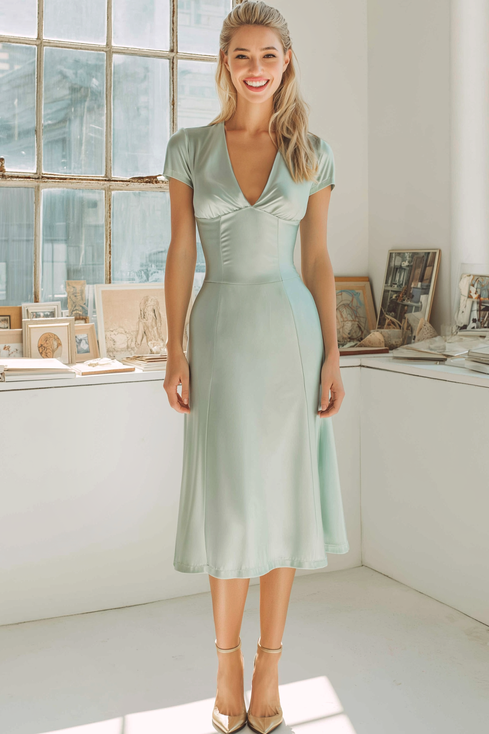 Leely Women Sage Green A Line Midi Bridesmaid Dress V-Neck Short Sleeves Summer Wedding Guest Dress