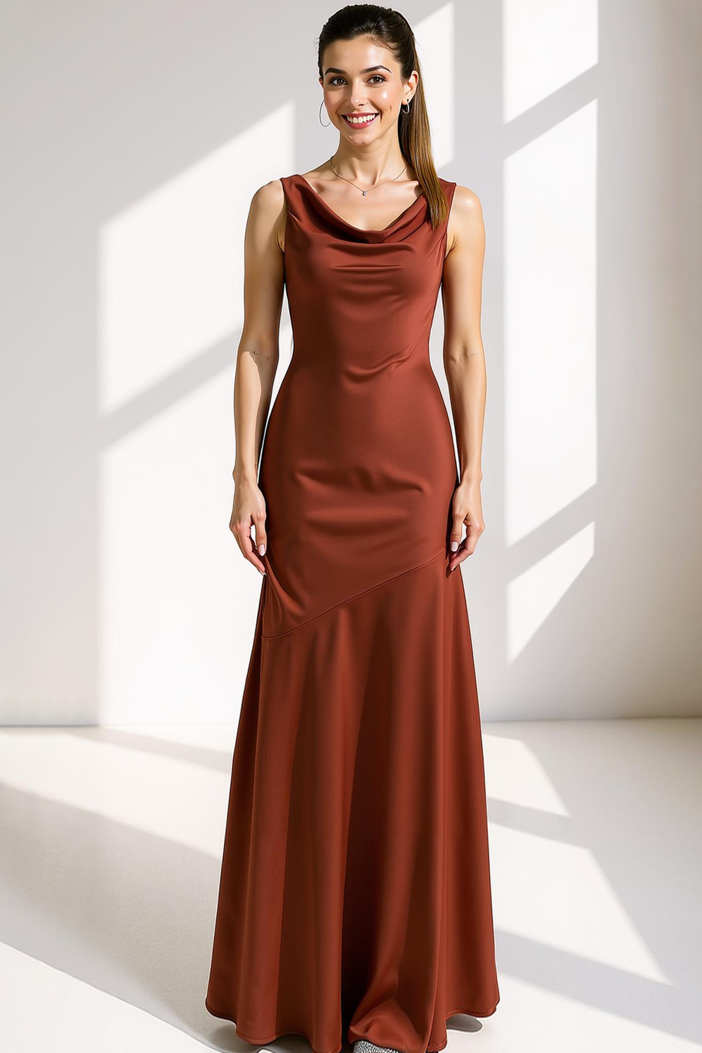 Bronzer Mermaid Backless Cowl Neck Long Bridesmaid Dress