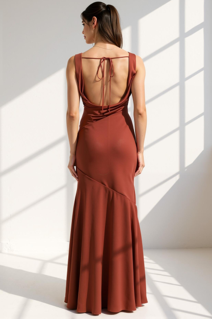 Bronzer Mermaid Backless Cowl Neck Long Bridesmaid Dress