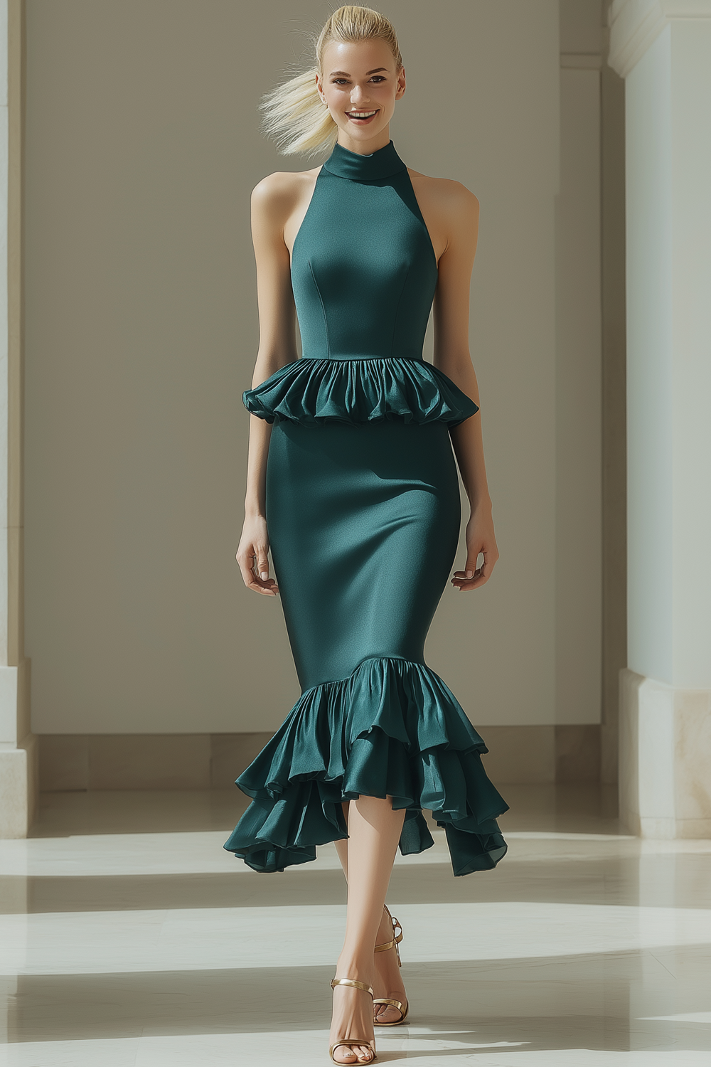 Leely Women Dark Green Satin Mermaid Midi Formal Dress Ruffled High Neck Evening Dress