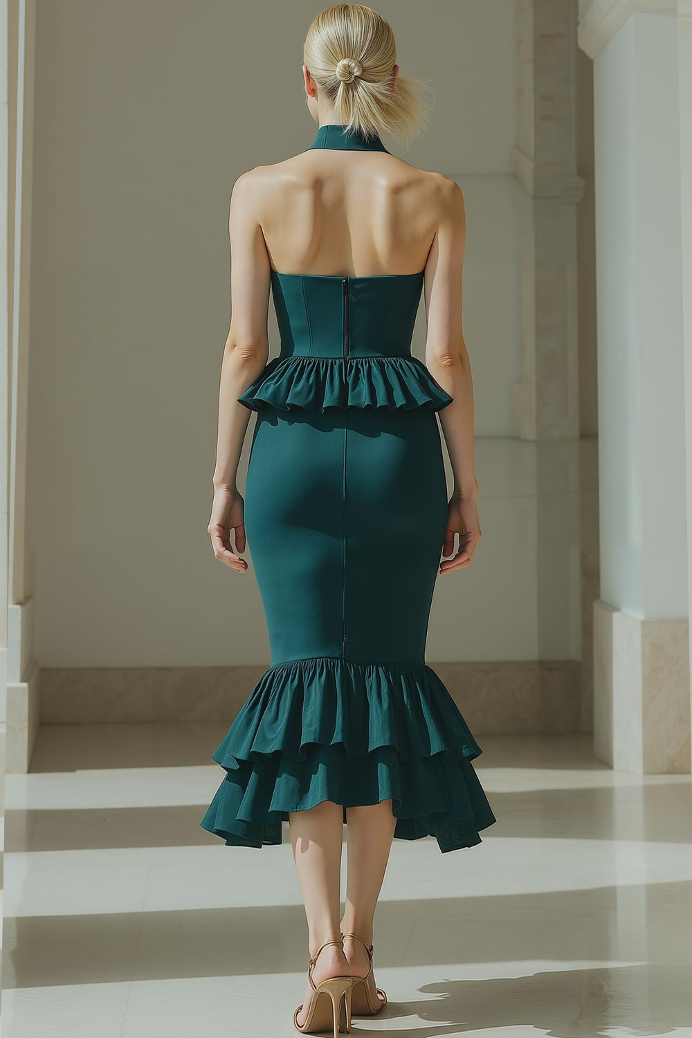 Dark Green Satin Mermaid High Neck Midi Formal Dress with Ruffles