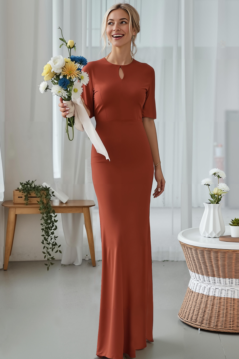 Leely Women Bronzer Sheath Long Bridesmaid Dress with Sleeves Keyhole Round Neck Stunning Wedding Guest Dress
