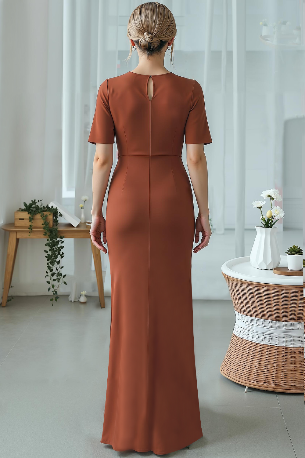 Bronzer Keyhole Long Sheath Bridesmaid Dress with Sleeves