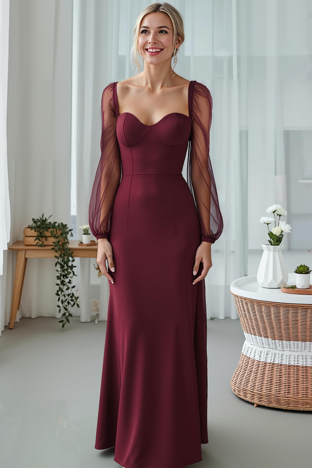 Leely Women Cabernet Chiffon Sweetheart Wedding Guest Dress with Sleeves Mermaid Long Evening Dress