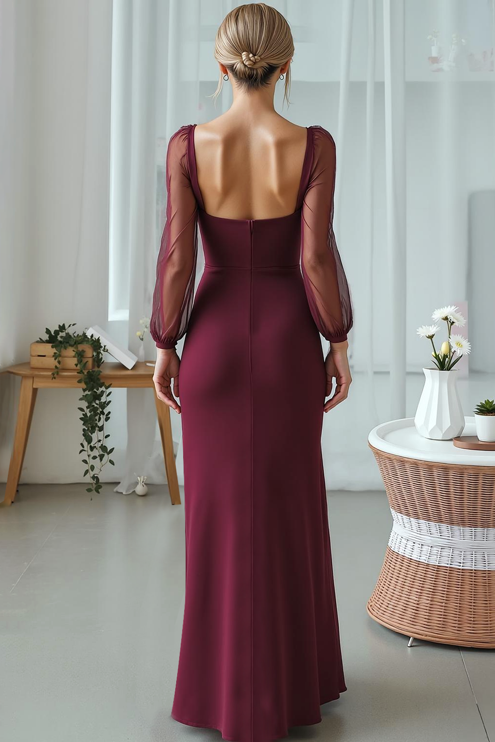 Cabernet Mermaid Sweetheart Long Wedding Guest Dress with Sleeves