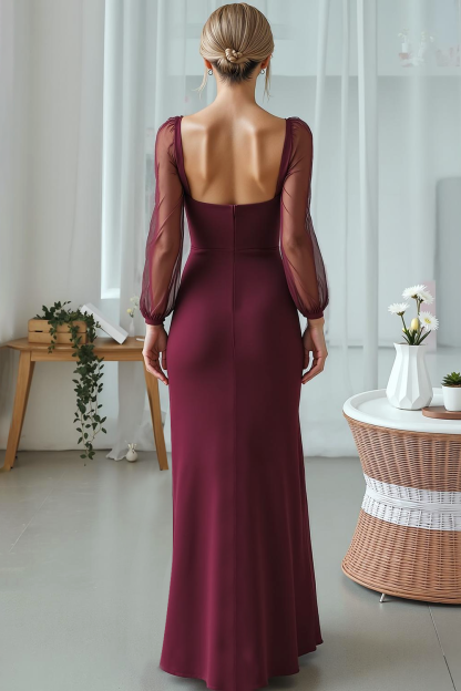 Cabernet Mermaid Sweetheart Long Wedding Guest Dress with Sleeves