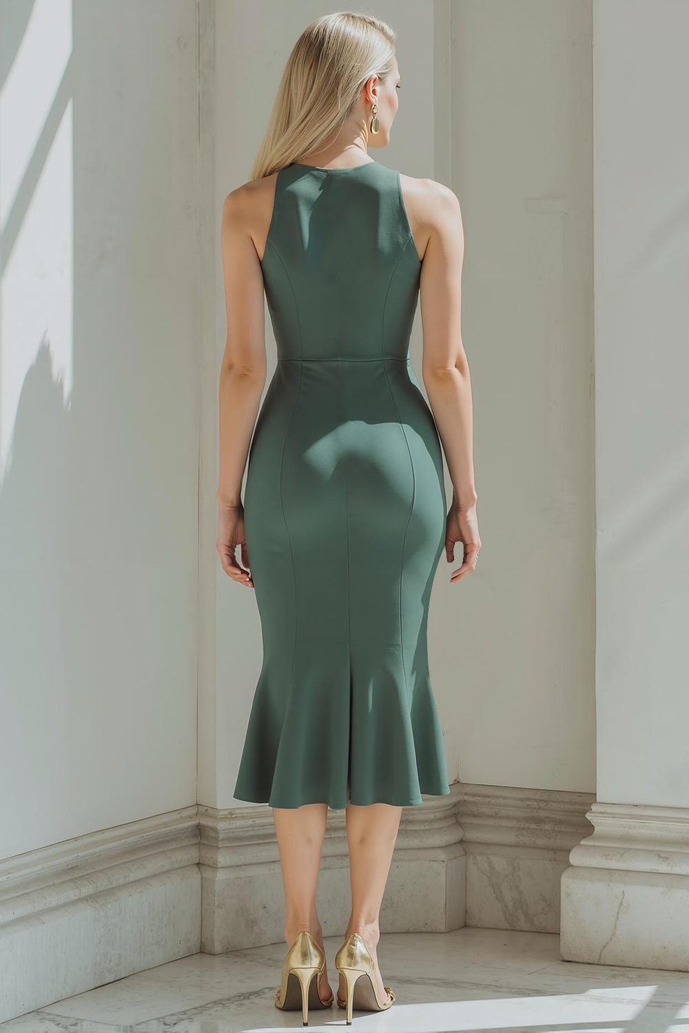 Dark Green Mermaid Ruffled Midi Formal Dress