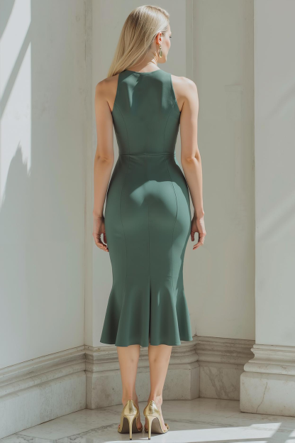 Dark Green Mermaid Ruffled Midi Formal Dress