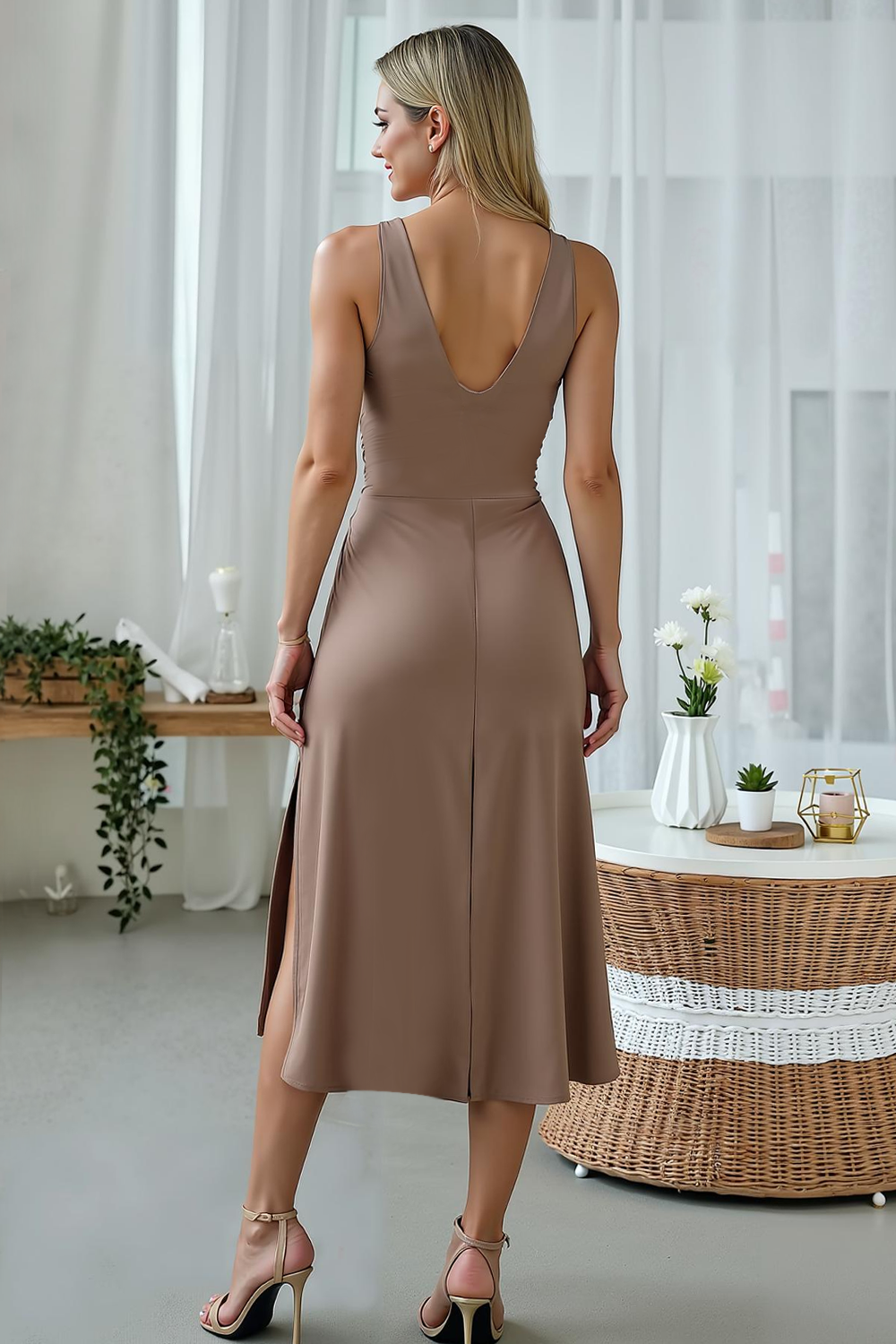 Leely Women Brown A Line Midi Weding Guest Dress V-Neck Semi-Formal Dress with Slit