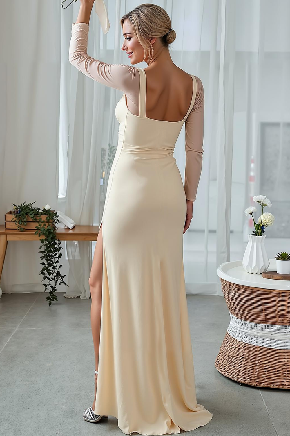 Champagne Ruched Chiffon Sheath Maxi Wedding Guest Dress with Sleeves
