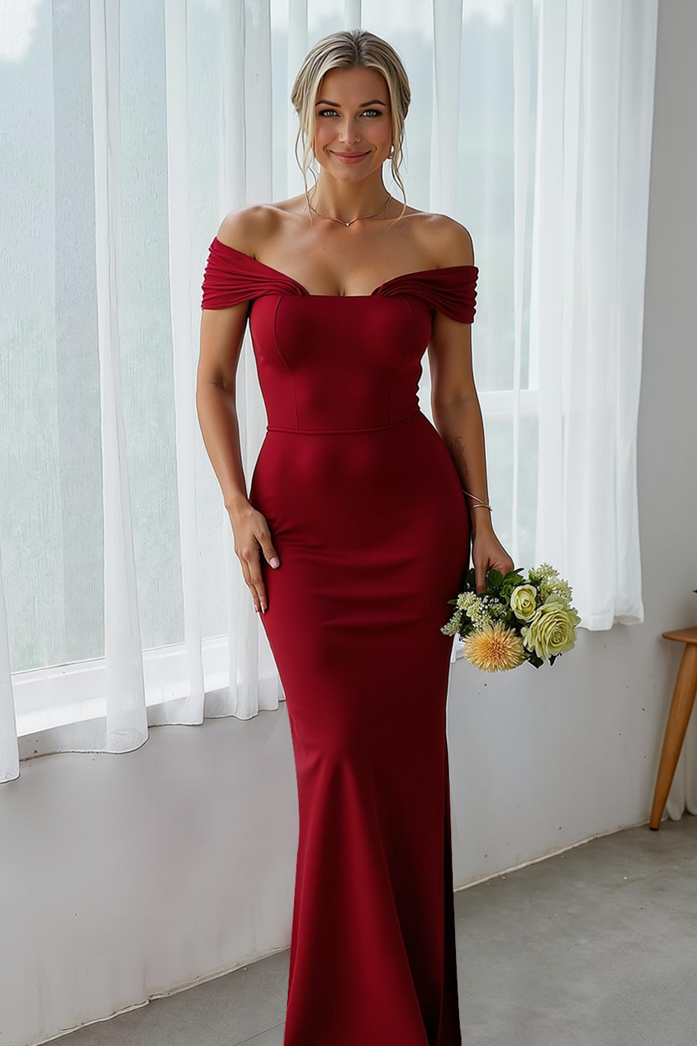 Pink Mermaid Off the Shoulder Long Wedding Guest Dress