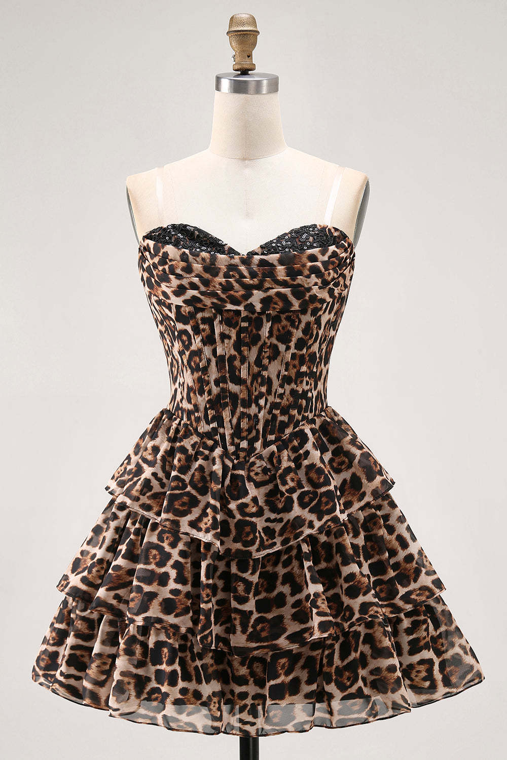Leely Women Brown Leopard Corset Short Tiered Homecoming Dress Sweetheart A Line Cocktail Dress with Ruffles