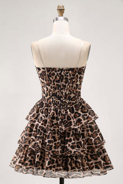 Brown Leopard Sweetheart Corset Short Tiered Homecoming Dress