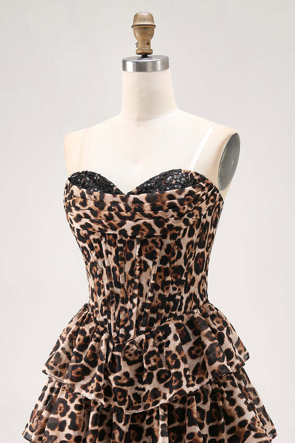 Brown Leopard Sweetheart Corset Short Tiered Homecoming Dress