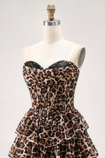 Brown Leopard Sweetheart Corset Short Tiered Homecoming Dress