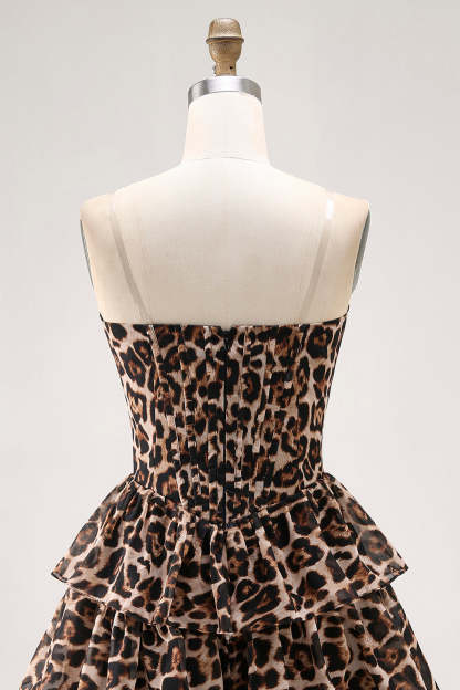 Brown Leopard Sweetheart Corset Short Tiered Homecoming Dress