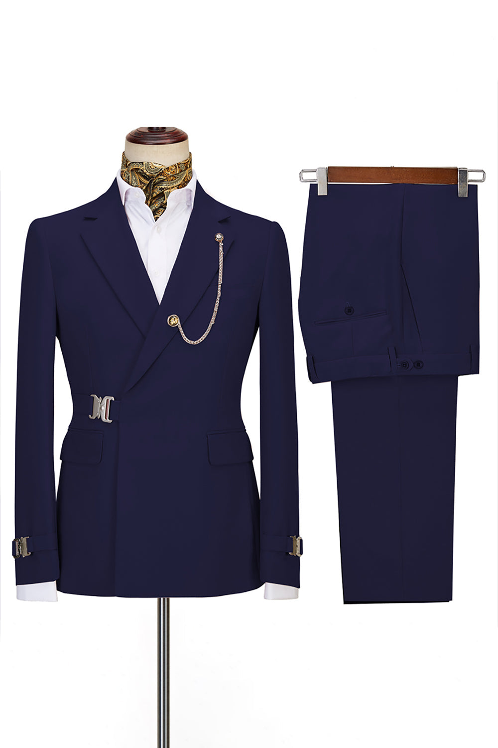 2 Piece Navy Notched Lapel Prom Homecoming Men's Suits with Belt