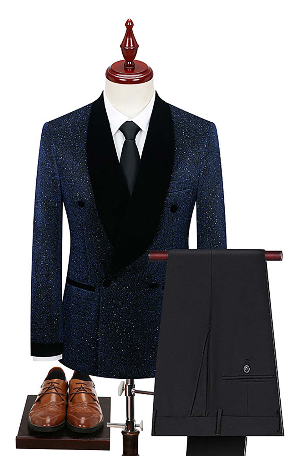 Glitter Navy 2 Piece Shawl Lapel Prom Homecoming Men's Suits