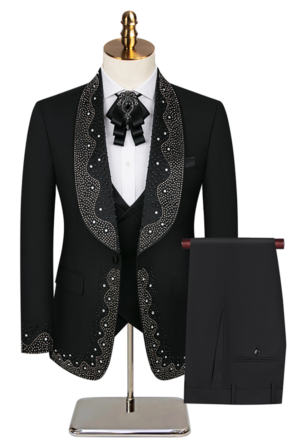 Sparkly 3 Piece Black High End Prom Homecoming Men's Suits with Rhinestones
