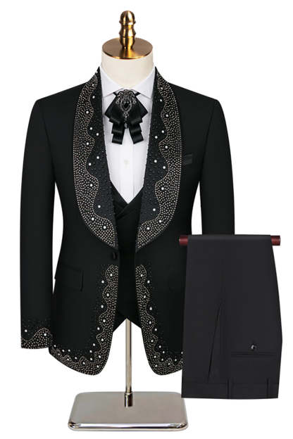Leely Men Sparkly 3 Piece Black Prom Suits with Rhinestones High End One Button Homecoming Suits with Pockets