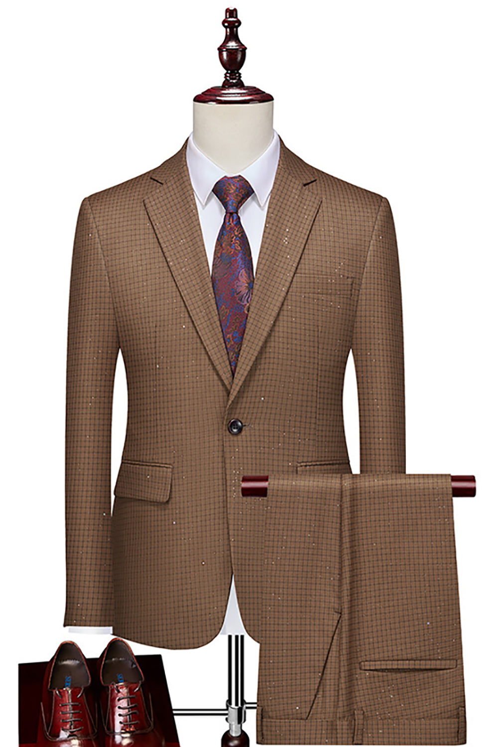 Sparkly Coffee 2 Piece Plaid Notched Lapel Prom Homecoming Men's Suits