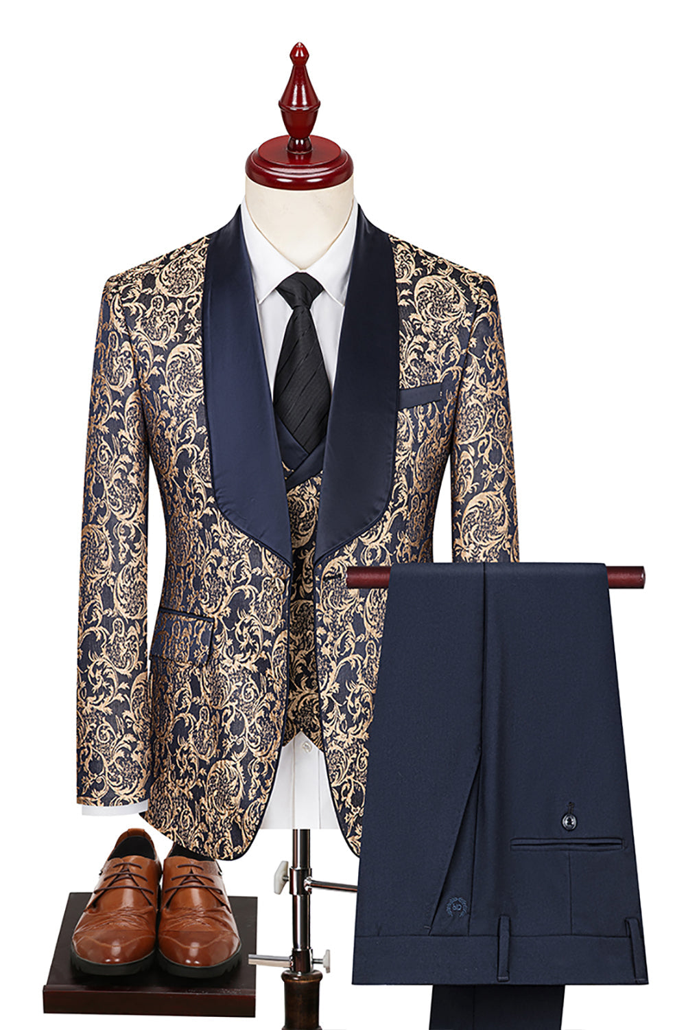 Dark Green Jacquard Shawl Lapel 3 Piece Prom Homecoming Men's Suits