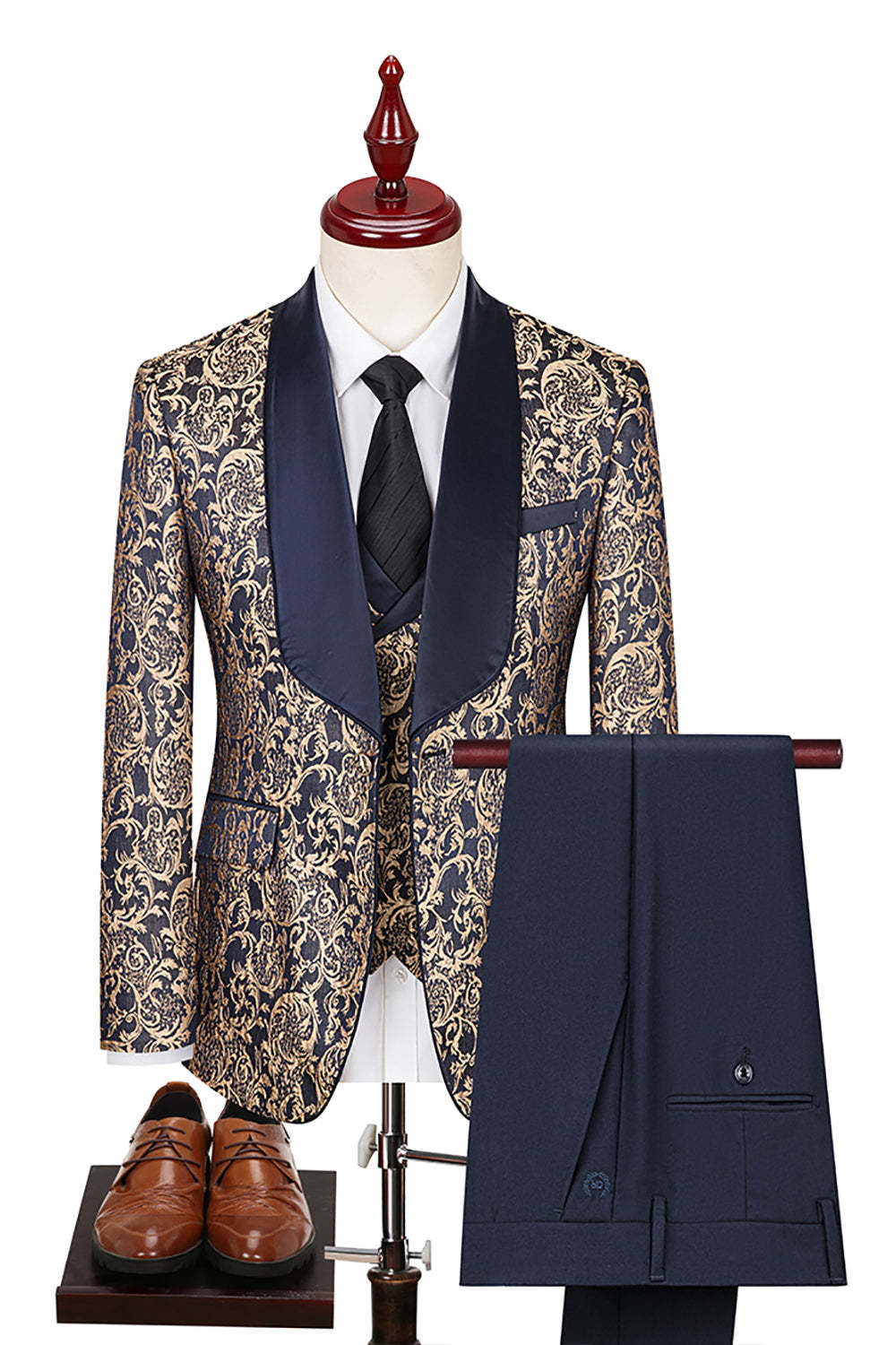 Dark Green Jacquard Shawl Lapel 3 Piece Prom Homecoming Men's Suits