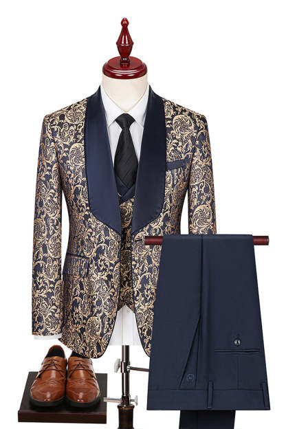 Dark Green Jacquard Shawl Lapel 3 Piece Prom Homecoming Men's Suits