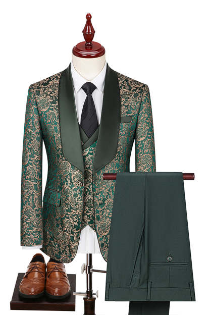 Leely Men 3 Piece Dark Green Regal Prom Suits with Pockets Shawl Lapel Jacquard Homecoming Suits