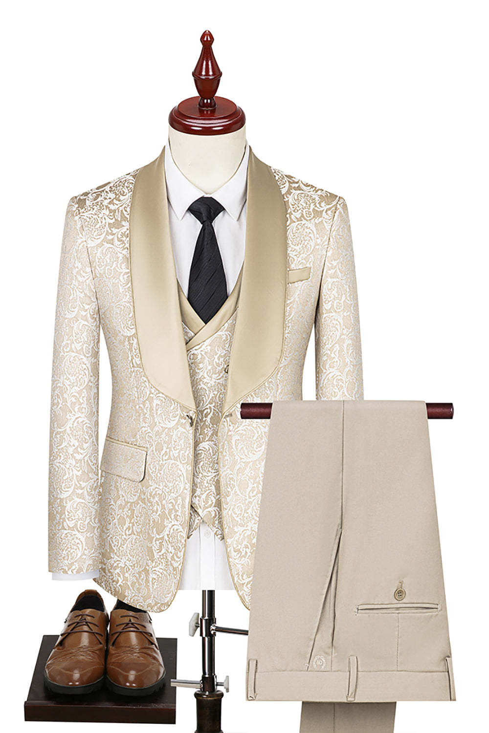 Dark Green Jacquard Shawl Lapel 3 Piece Prom Homecoming Men's Suits