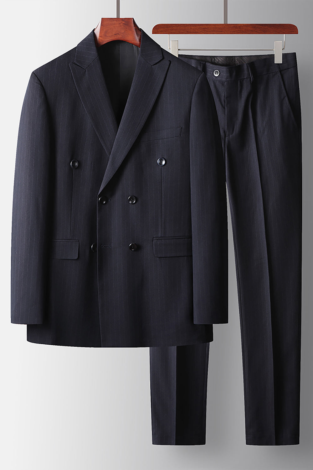 Navy Striped Double Breasted Peak Lapel 2 Piece Prom Homecoming Men's Suits