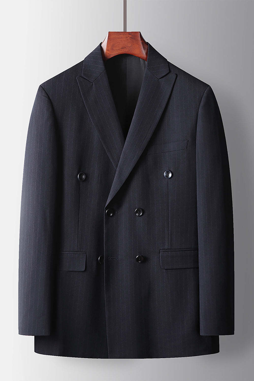 Navy Striped Double Breasted Peak Lapel 2 Piece Prom Homecoming Men's Suits