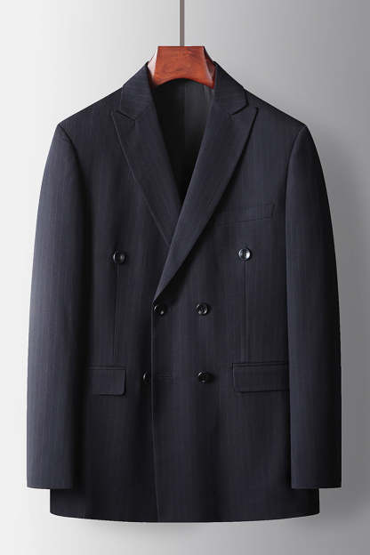 Navy Striped Double Breasted Peak Lapel 2 Piece Prom Homecoming Men's Suits