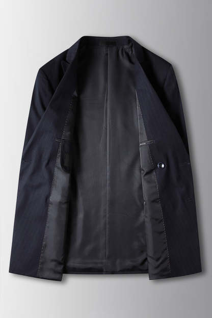 Navy Striped Double Breasted Peak Lapel 2 Piece Prom Homecoming Men's Suits