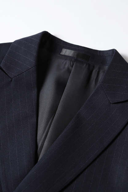 Navy Striped Double Breasted Peak Lapel 2 Piece Prom Homecoming Men's Suits