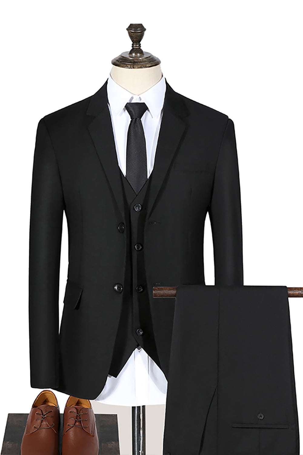 Black 3 Piece Notched Lapel Solid Prom Homecoming Men's Suits