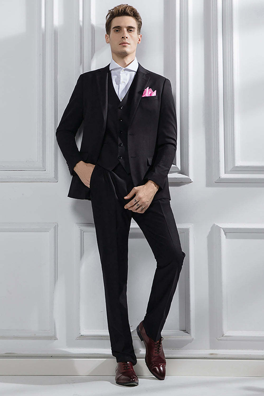 Black 3 Piece Notched Lapel Solid Prom Homecoming Men's Suits
