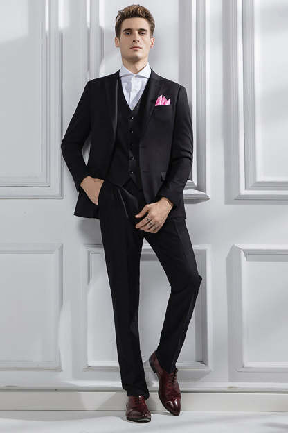 Black 3 Piece Notched Lapel Solid Prom Homecoming Men's Suits